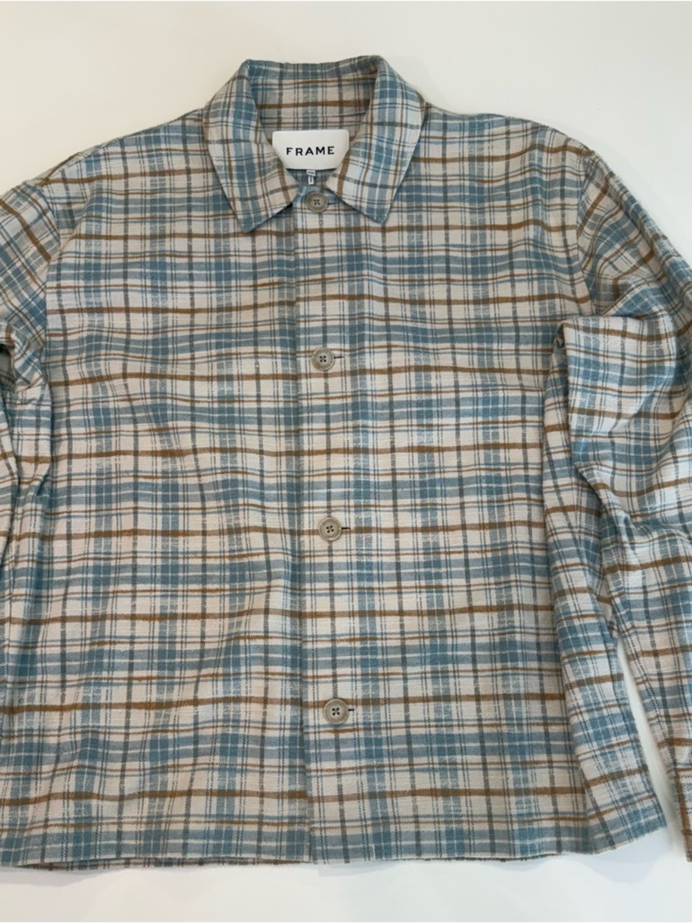 Frame Plaid Button-Front Flannel Shirt in Blue and Brown